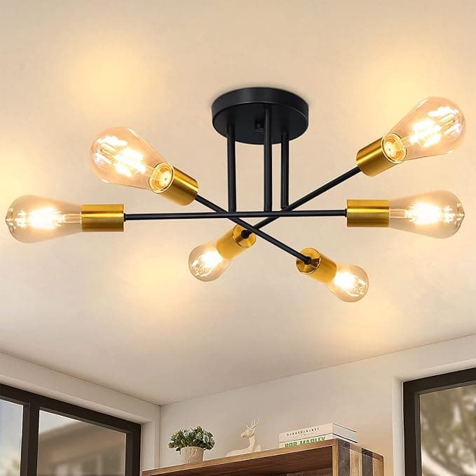 ZMH Deckenlampe Vintage Deckenleuchte Retro - 6 Flammig Wohnzimmerlampe Industrial E27 Schwarz-Gold aus Metall Schlafzimmerlampe für Schlafzimmer Küche Esszimmer Wohnzimmer